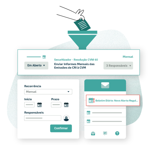 Ilustração de telas de software de gerenciamento, menus para relatórios e configurações e alertas regulatórios de compliance