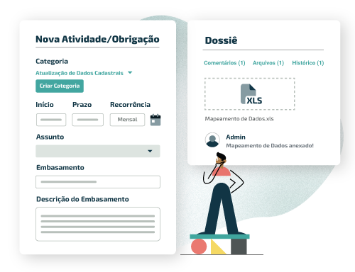 Ilustração de dashboard com tela exibindo opções de nova atividade/função e recorrência da obrigação de compliance pldftp