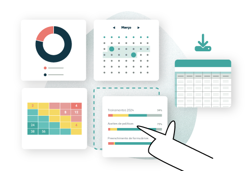 Ilustração de uma interface de gerenciamento com status de tarefas e gráficos de eventos e relatórios de compliance