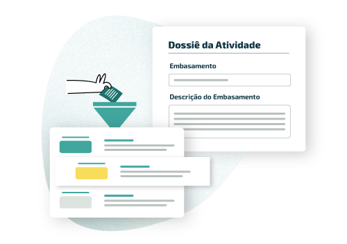Ilustração de um documento intitulado Dossiê da Atividade de compliance, com seções denominadas embasamento e descrição