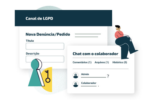 Ilustração de sistema para reportes de LGPD, com campos de entrada de dados, janela de chat e um personagem sentado Compliance Compliasset
