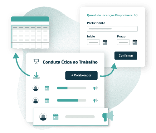 Ilustração de interface de treinamento em ética, com ícones para adição de colaboradores de compliance