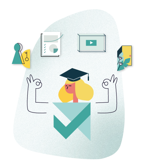 Ilustração de pessoa cercada por ícones de treinamento de compliance como certificado, medalhas e um vídeo de empresa e reputação