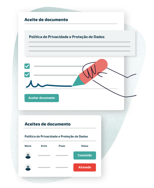 Ilustração mostra sistema de governança, status do documento como aceitar documento e concluído compliance Compliasset