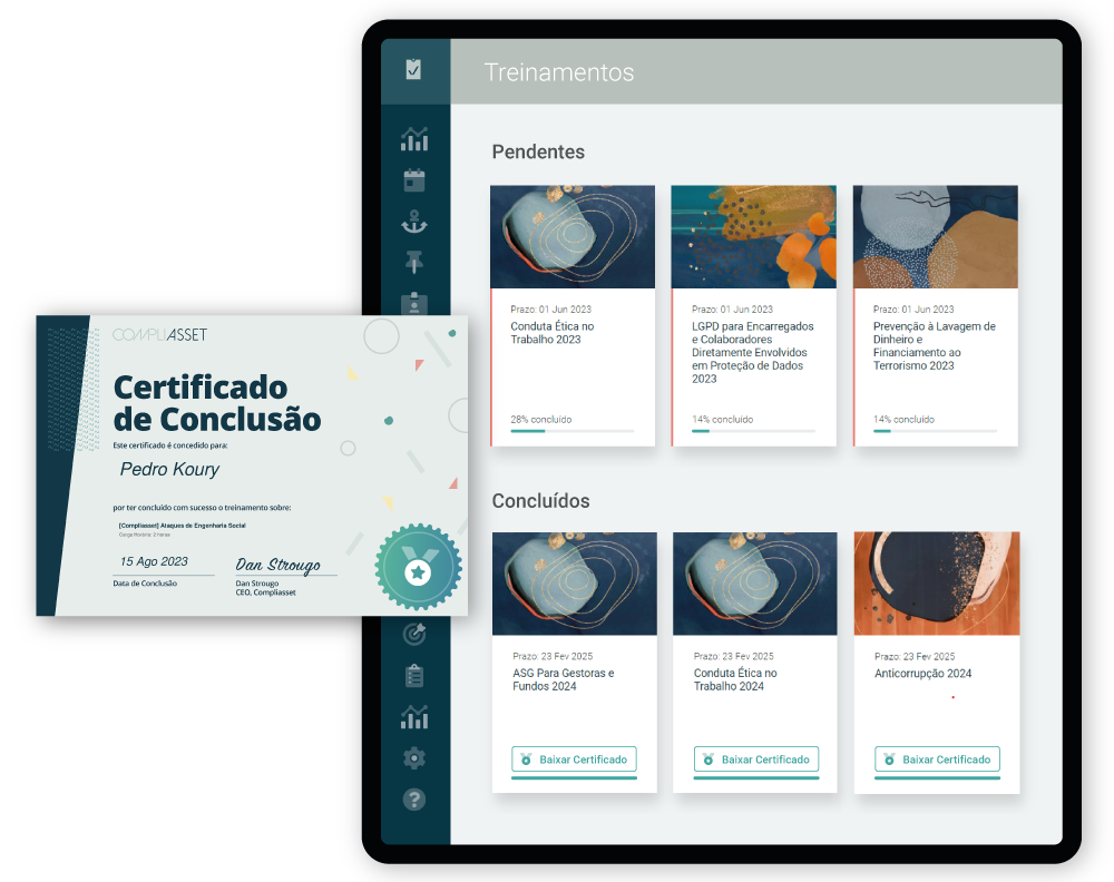 Interface exibe de certificado, cursos ativos e concluídos em cultura corporativa e treinamentos de conformidade