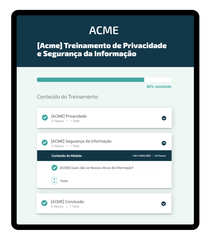 Captura de tela de uma interface de treinamento on-line de compliance com conteúdo personalizado