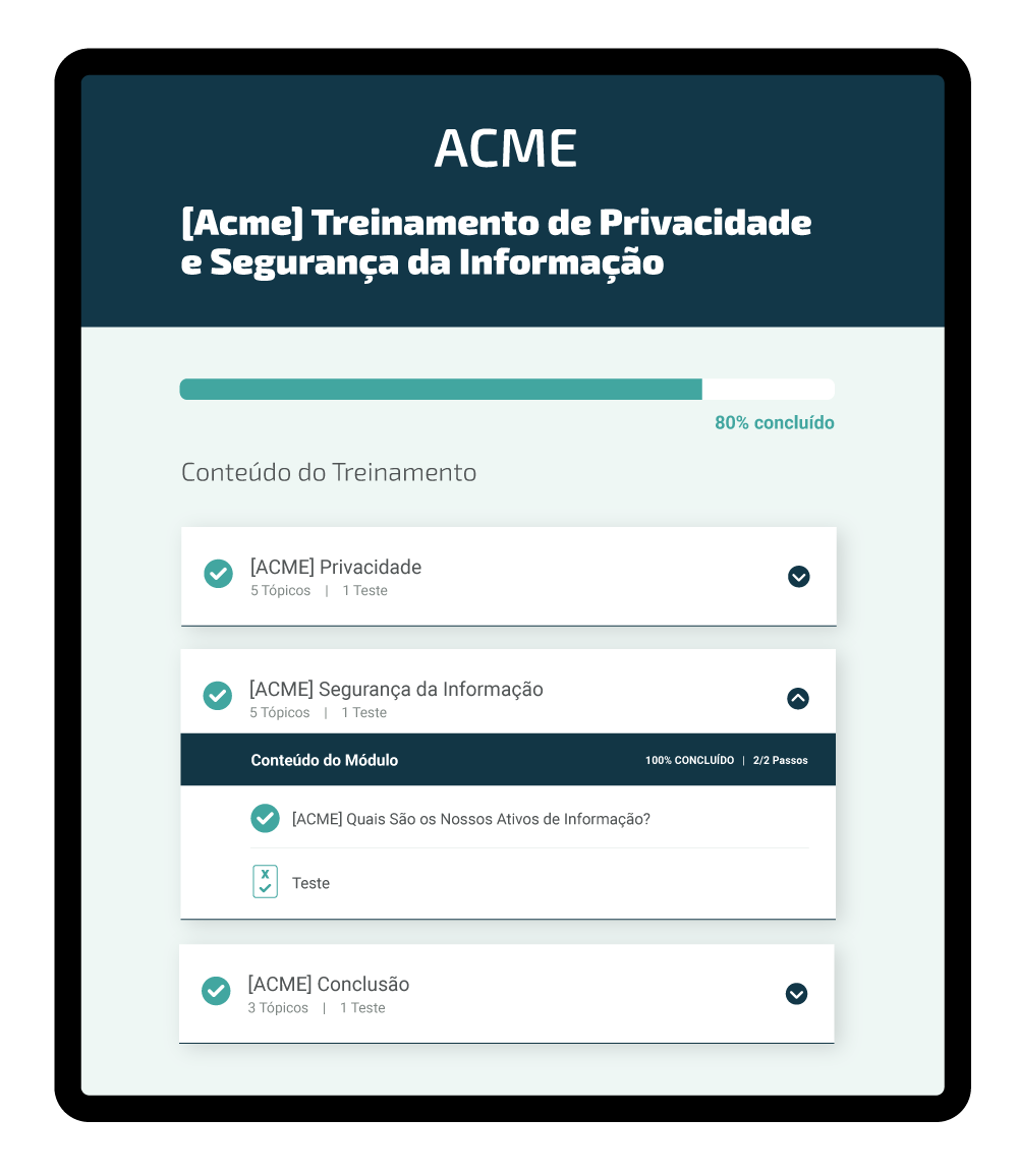 Captura de tela de uma interface de treinamento on-line de compliance com conteúdo personalizado