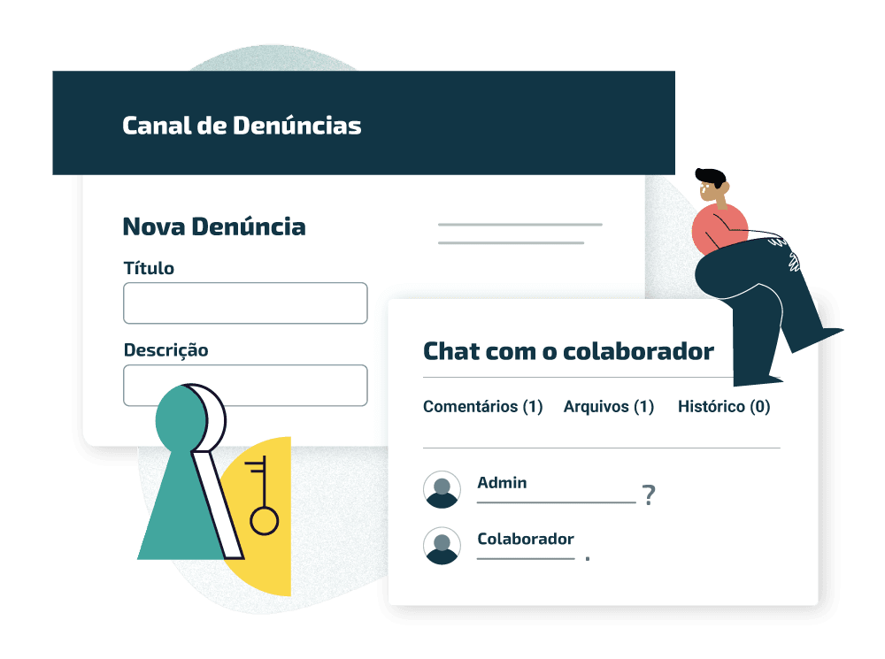 Ilustração de sistema para reportes de LGPD e pldftp, com campos de entrada de dados, janela de chat e um personagem sentado Compliance Compliasset
